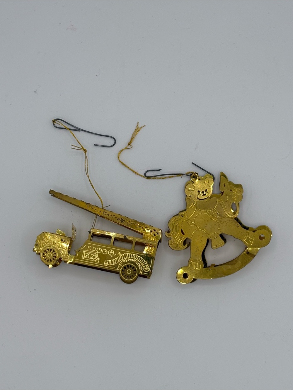 Vintage 3D Solid Brass Christmas Ornaments Fire Truck Rocking Horse Set of 2